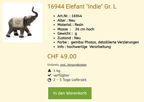 Statuette: Afrika Figur 16944 Elefant , NEU – Nuovo e nell'imballaggio originale da Hagenbuch ZH venduto da cougar1 1