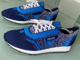 PRADA Calzature Azzuro Knit Leder Low Top Sneakers 44 NEUE