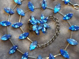 Blaues Schmuck Set, Ohrclips mit Collier, Glas, 60er