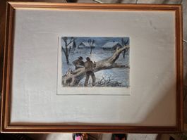 Winterbild, Holzschnitt, signiert, gerahmt, zu verkaufen!