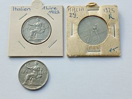 Vittorio Emanuele III 1925 2 Lira und 2x Italien 1 Lire 1922