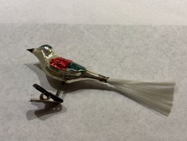 Antiker Vogel aus Glas, rot/blau/silberfarben