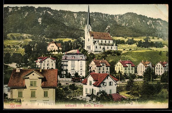 Cartoline postali: Adliswil, Teilansicht mit kath. Kirche – Usato da Berlin venduto da bartko-reher
