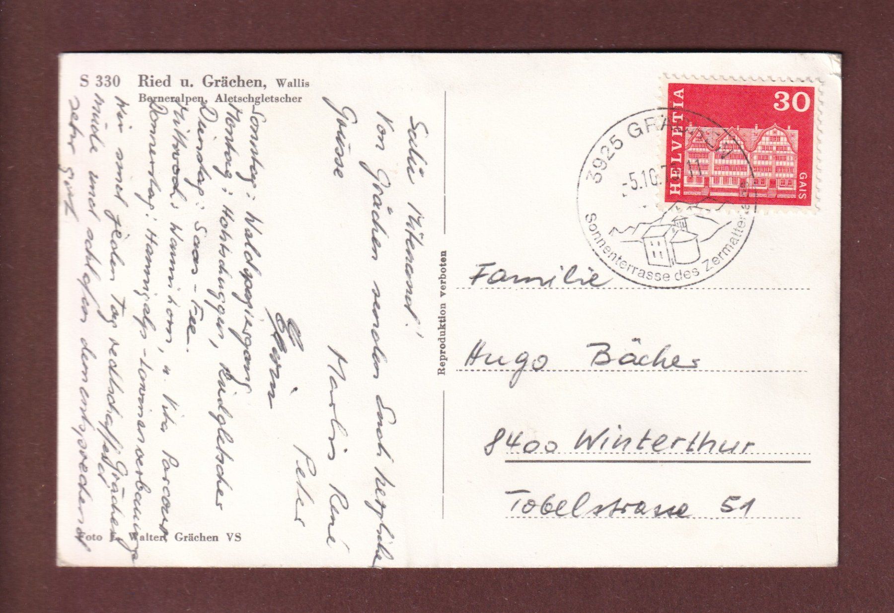 Cartes postales: RIED und GRÄCHEN - 1973 – D'occasion à Pully par nicecards-shop 1