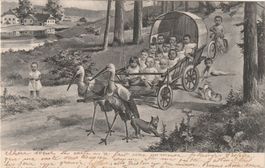 Kinder im Wagen gezogen von Störchen