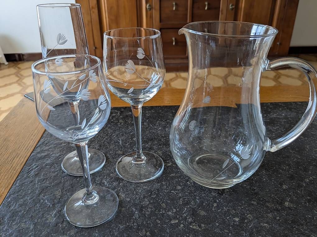 Caraffe: Set calici e caraffa in vetro decorato – Usato da Ligornetto venduto da PoGabriella 1