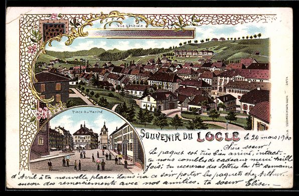 Cartoline postali: Litho Locle, Vue generale, Place du Marc – Usato da Berlin venduto da bartko-reher
