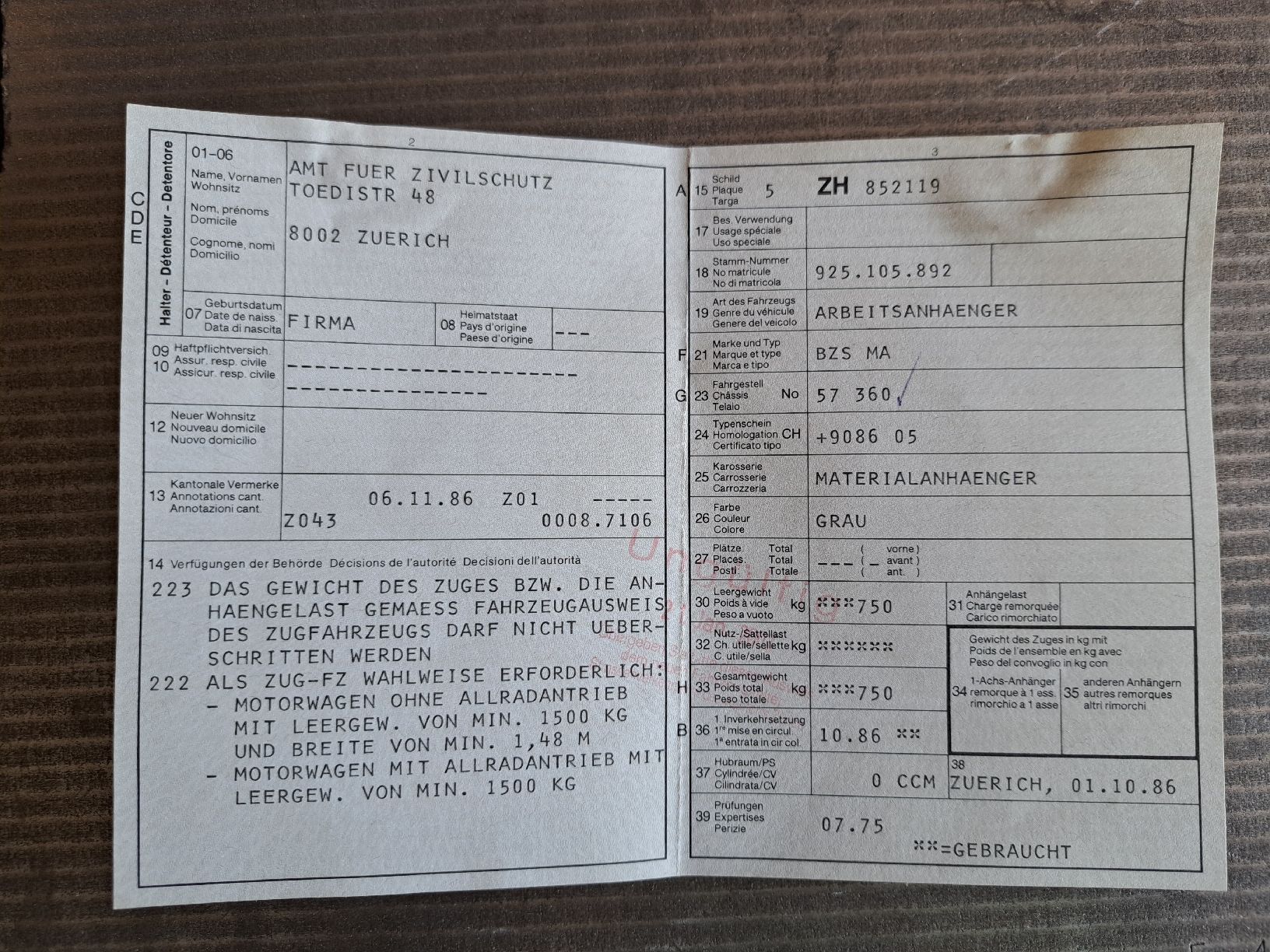 Bzs Remorques: Zivilschutz Anhänger – Défectueux à Zwillikon par tutti407 9