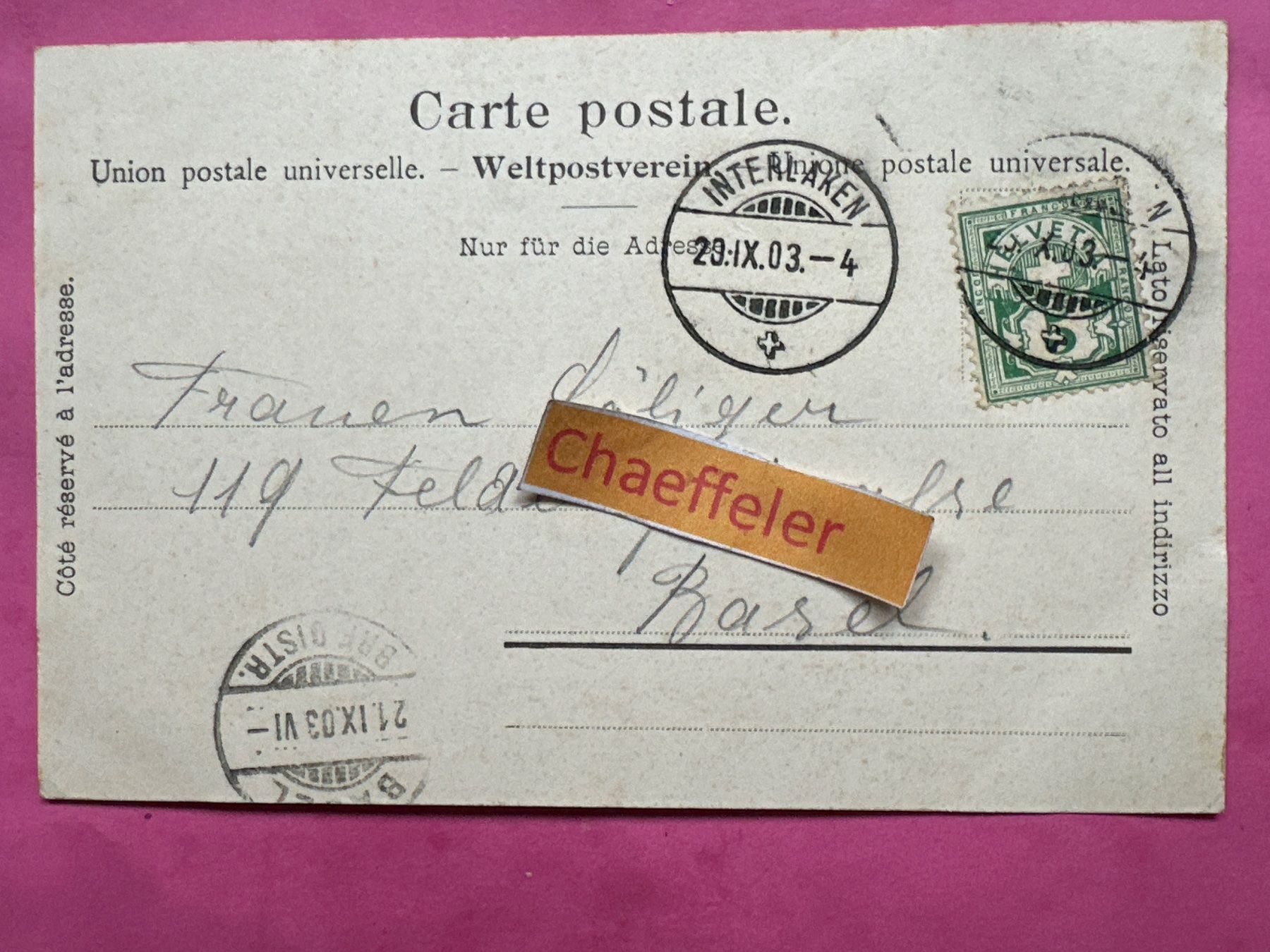 Cartoline postali: 1903 Interlaken, Hotel Viktoria – Usato da Zürich venduto da Chaeffeler 1