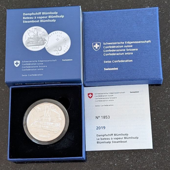 Tutti le monete: 20 Franken 2019 Silber pp Dampfschiff Blümlisalp Box – Nuovo (secondo la descrizione) da Arch venduto da moneyswiss