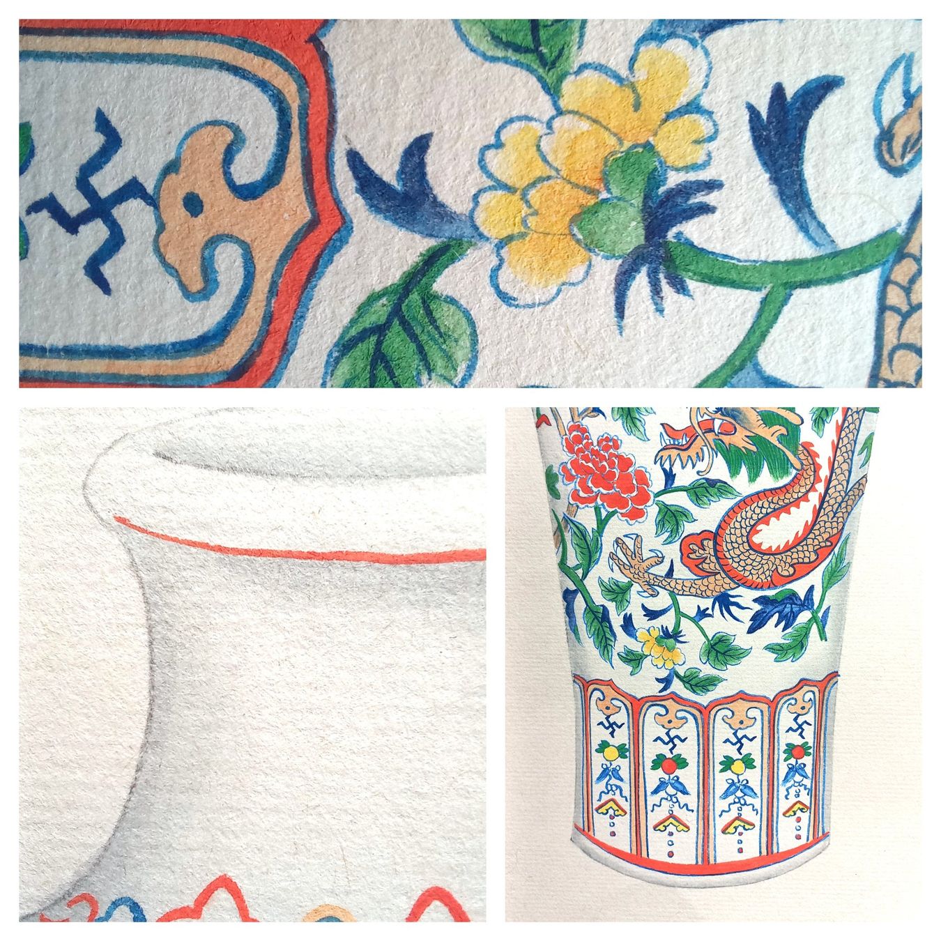 Gemälde: Antike Darstellung der Doucai-Vase, China – Gebraucht aus Bévilard von Orscha 7