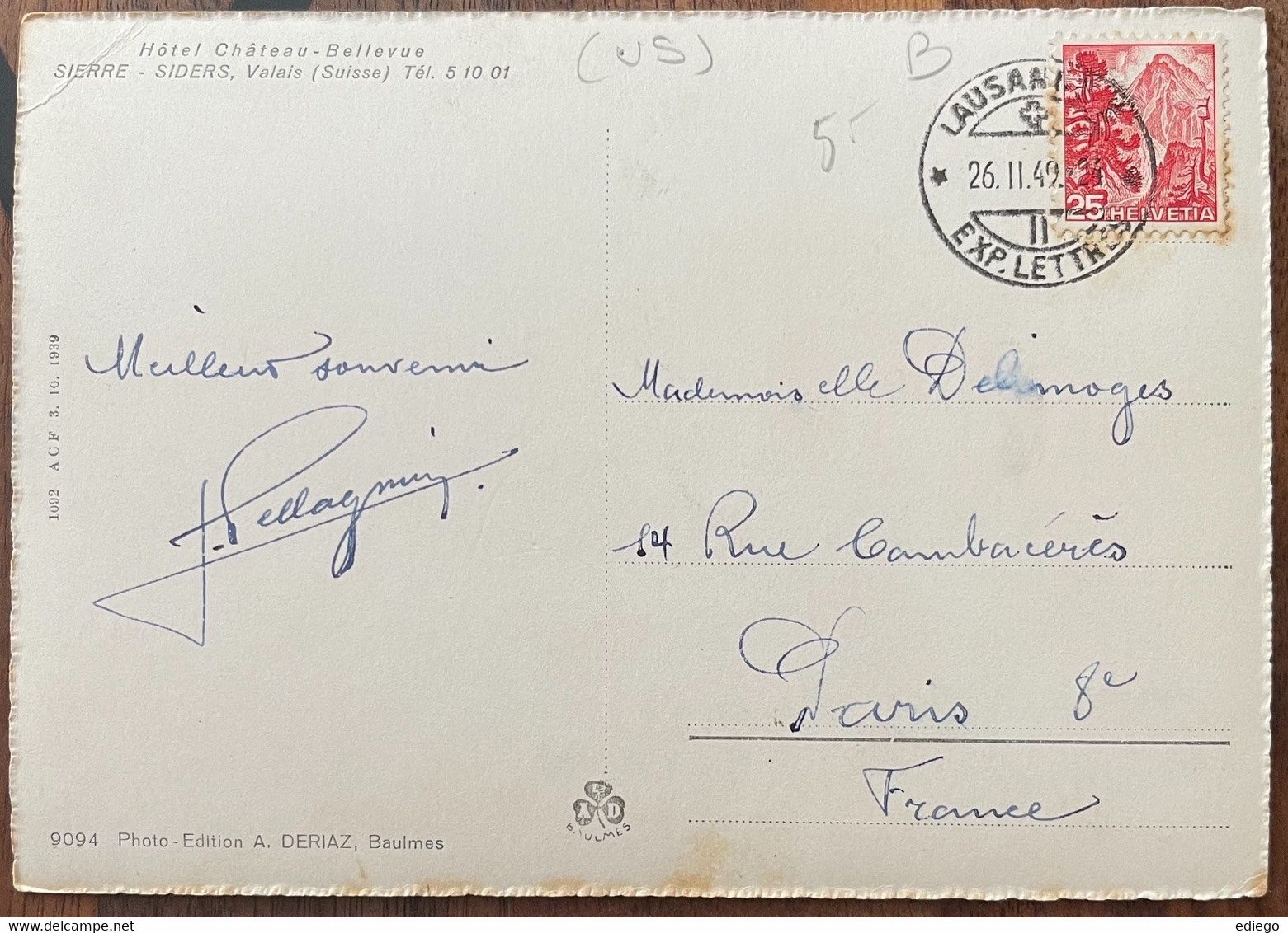 Cartoline postali: SIERRE - HÔTEL CHÂTEAU BELLEVUE 1949 – Usato da Lutry venduto da Ediego 1