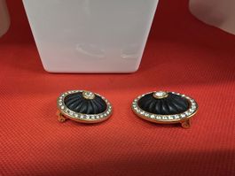 Ohrclips oval schwarz goldfarben mit Strasssteinen