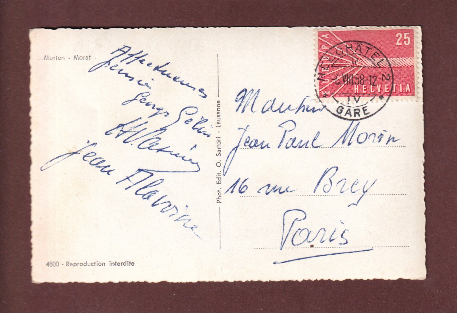 Ansichtskarten: MORAT / MURTEN - Chiff - 1958 – Gebraucht aus Pully von nicecards-shop 1