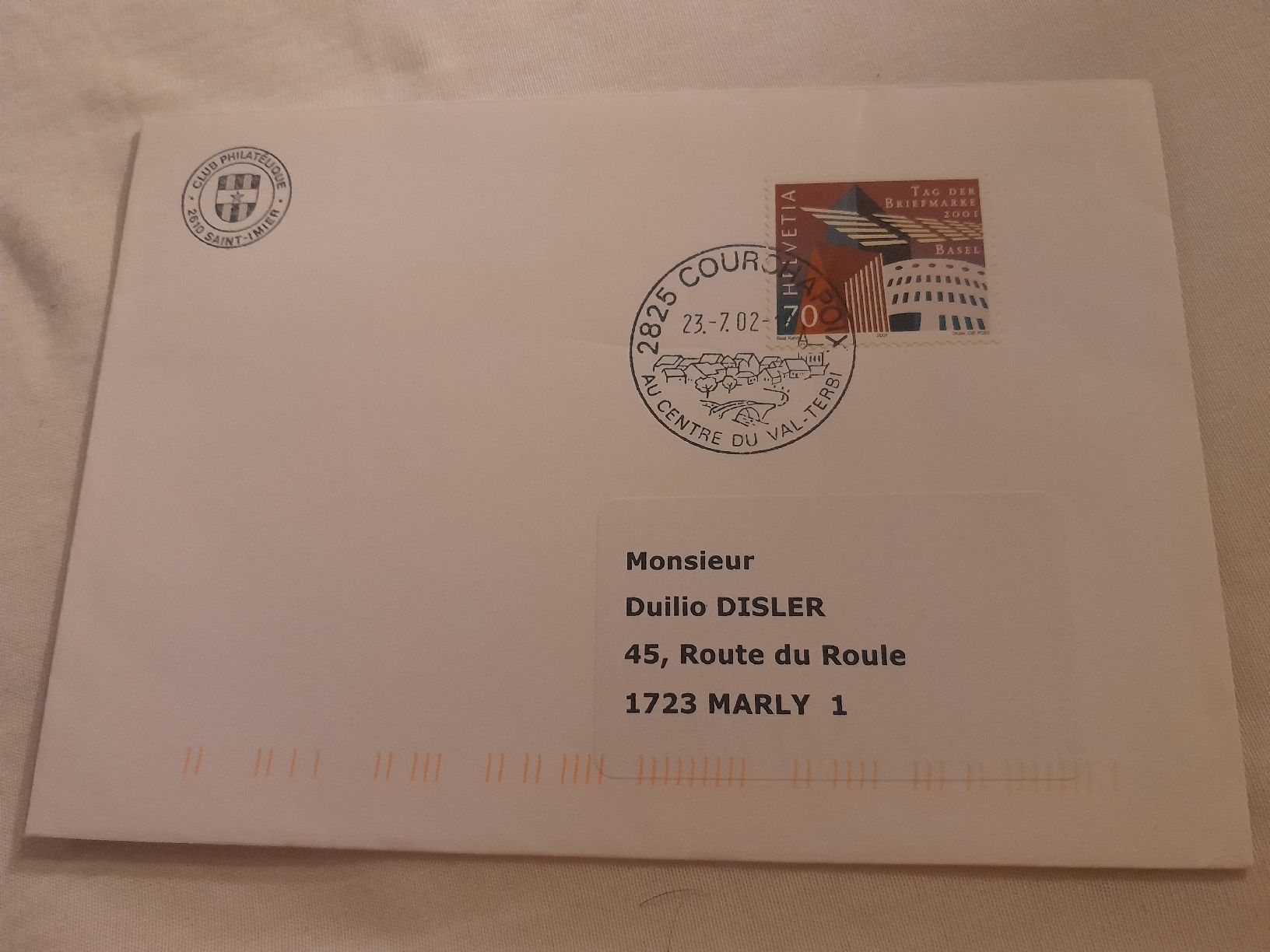 Alle Briefmarken: Enveloppe Suisse Courchapoix 23.7.2002 – Gebraucht aus Marly von globetrotter1723