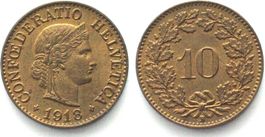 Schweiz 10 Rappen 1918 Messing ERHALTUNG! vz+