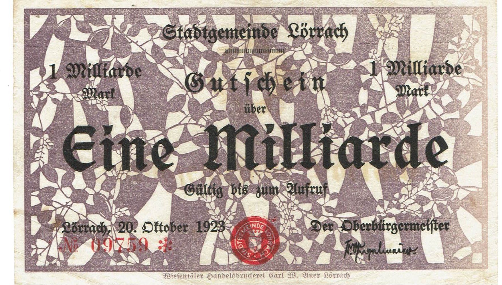 Banconote: Lörrach 1 Mrd.Mark 20.10.1923 VZ-VZ+ – Usato da Steffisburg venduto da ber_8htf