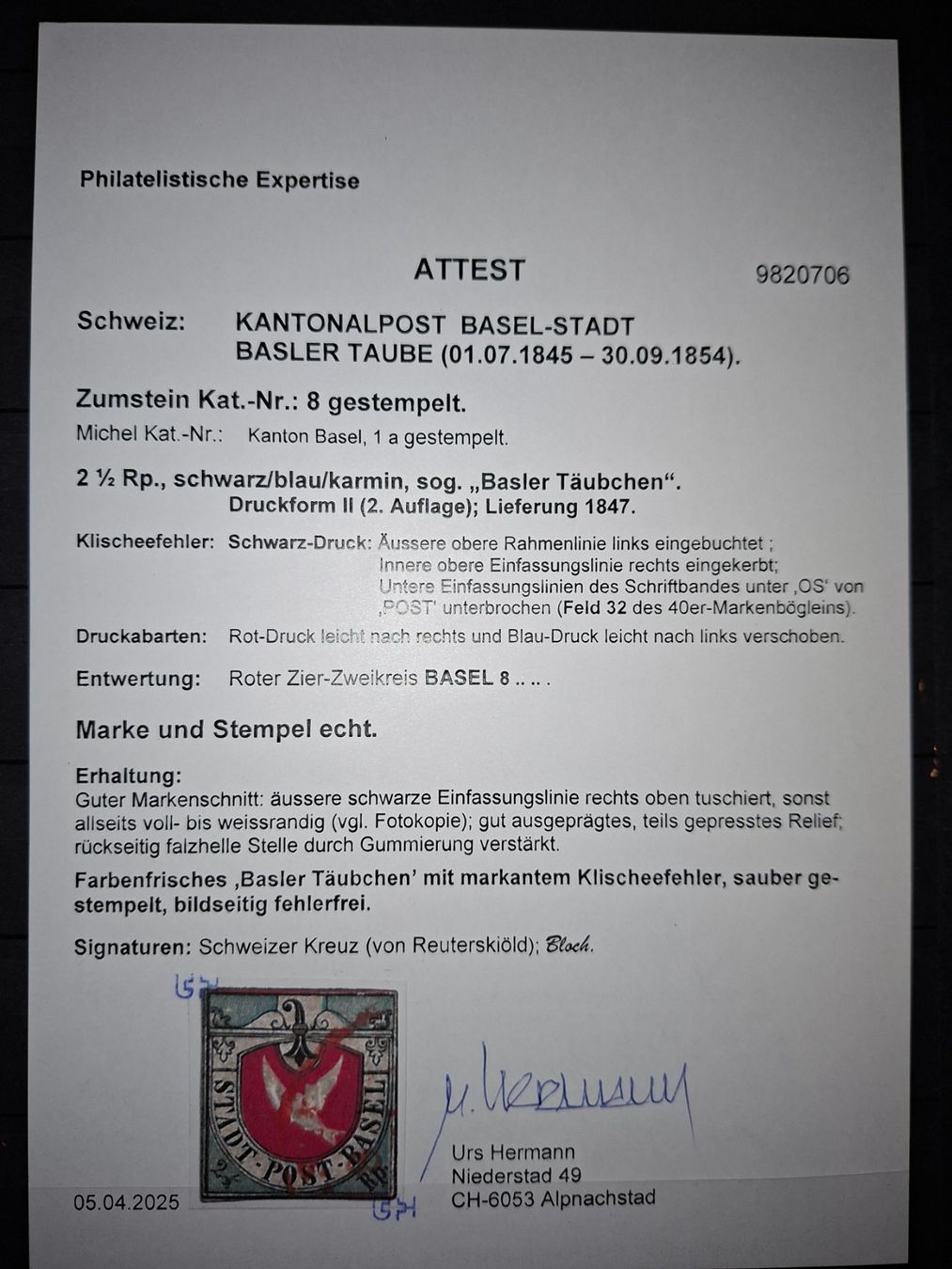 Tutti i francobolli: baslertaube Nr. 8 Kat. 20'000 mit Attest – Usato da Balgach venduto da SIMEON27 7