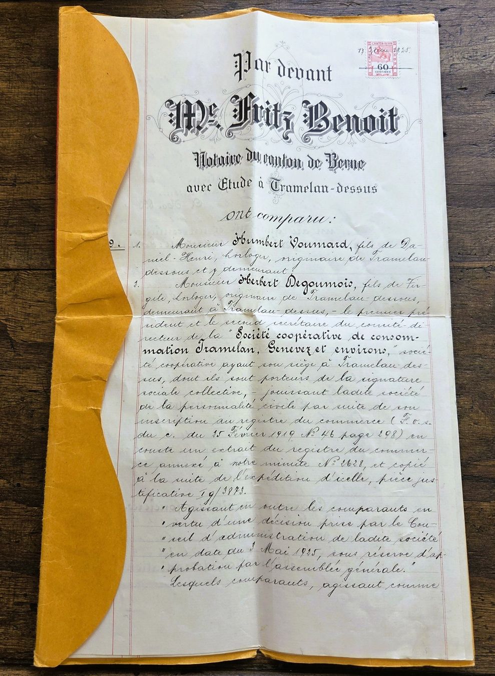 Dokumente: Tramelan Etude Notaire Document 1925 Soc Coop Consommation – Gebraucht aus Tavannes von Cire