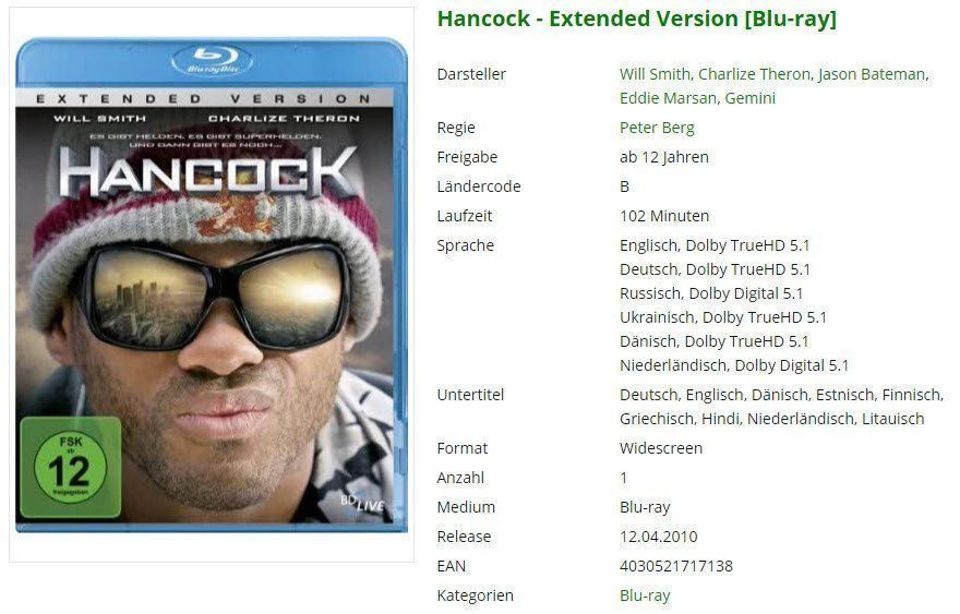 Tutti i DVDs: Hancock - Extended Version [Blu-ray] – Usato da Buchrain venduto da Sssschaller
