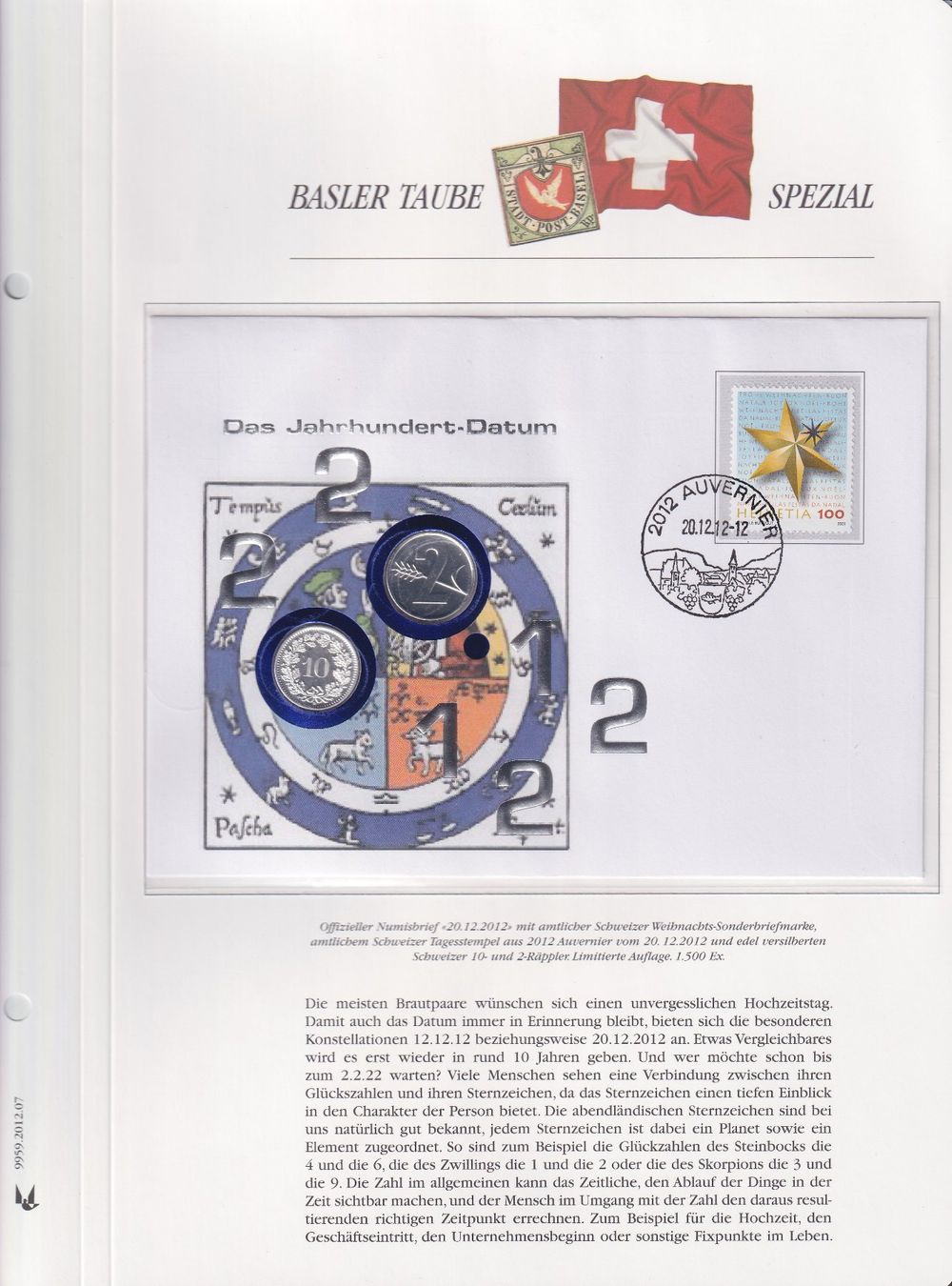 Tutti i francobolli: 2012, Numisbrief/Münzbrief "Jahrhundert" mit 10+2 Räppler. – Usato da Sursee venduto da Luzernerraute 6