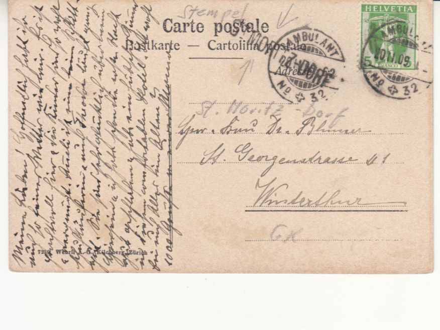 Cartoline postali: St. Moritz Dorf 1909 mit Stabstempel St. Moritz-Dorf – Usato da Bürglen TG venduto da StampGraf 1
