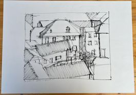 Zeichnung, Dächer in Gampel von Stefan Grütter   (ID b3775)