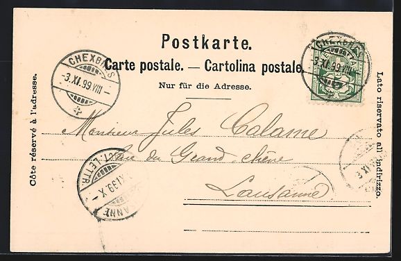 Cartoline postali: AK Chexbres, Panorama mit Bergen, 1899 – Usato da Berlin venduto da bartko-reher 1