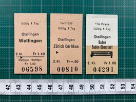 Ab Otelfingen, 3 alte, entwertete Bahn Billette, 1983, SBB