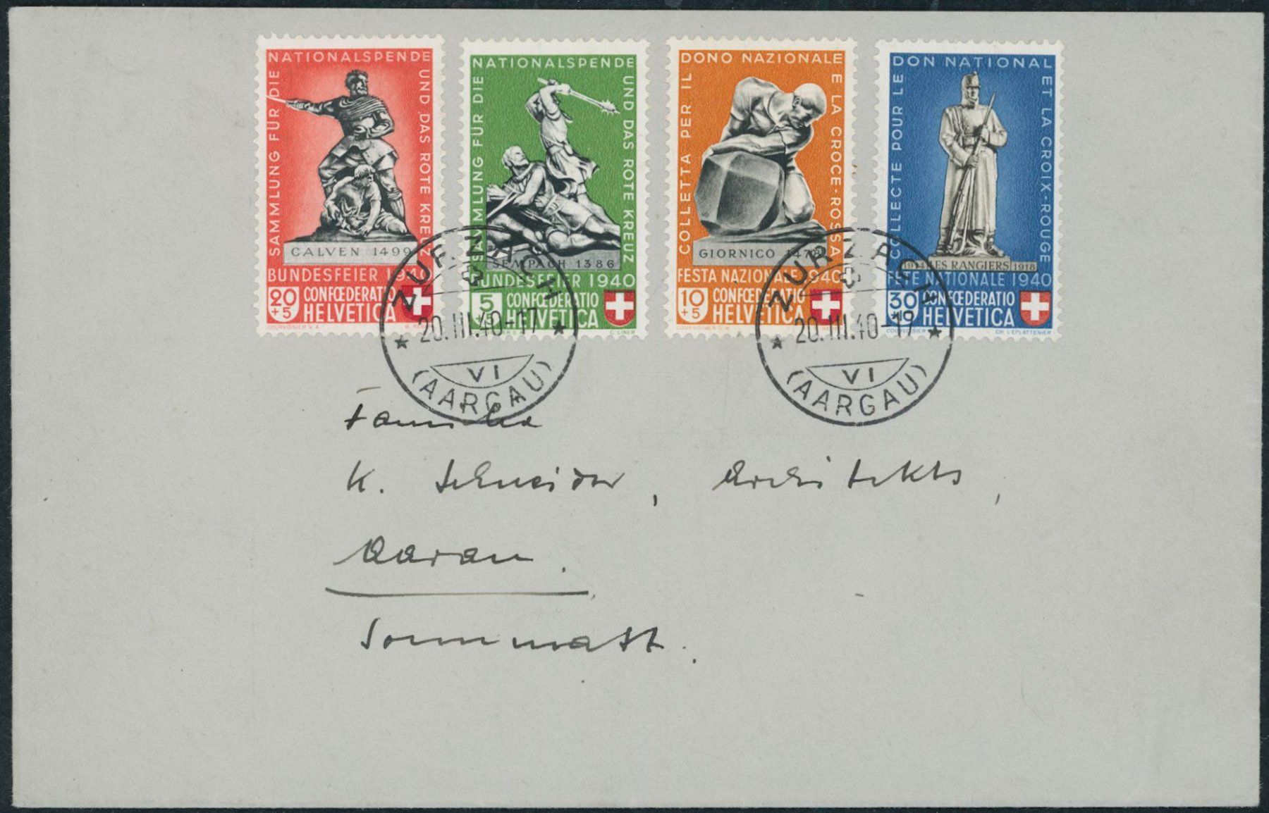 Alle Briefmarken: 1940 - Pro Patria - FDC ET - "die hellrote die 5c" – Gebraucht aus Schindellegi von leecollect