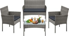 Gartenmöbel Set 4 teilig Polyrattan Tisch Bank 2 Stühle Grau