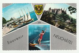 Souvenir Postkarte Neuchâtel mit Wappen und Wasserski