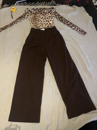 Damen Set Top und Hose braun Leo-Muster 