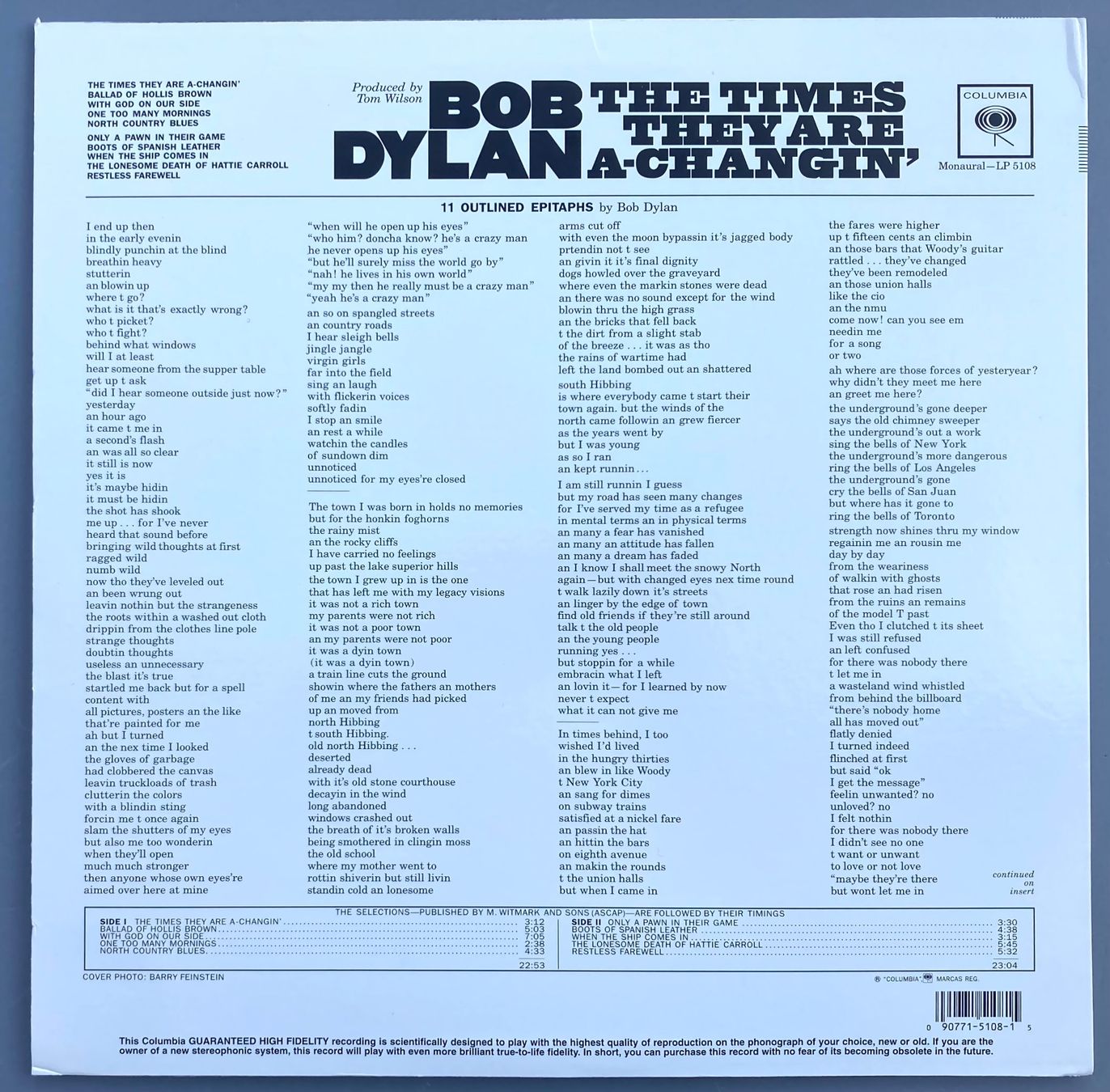 Schallplatten: BOB DYLAN - THE TIME THEY ARE A-CHANGIN' – Gebraucht aus Poliez-Pittet von Newtown-Records 1