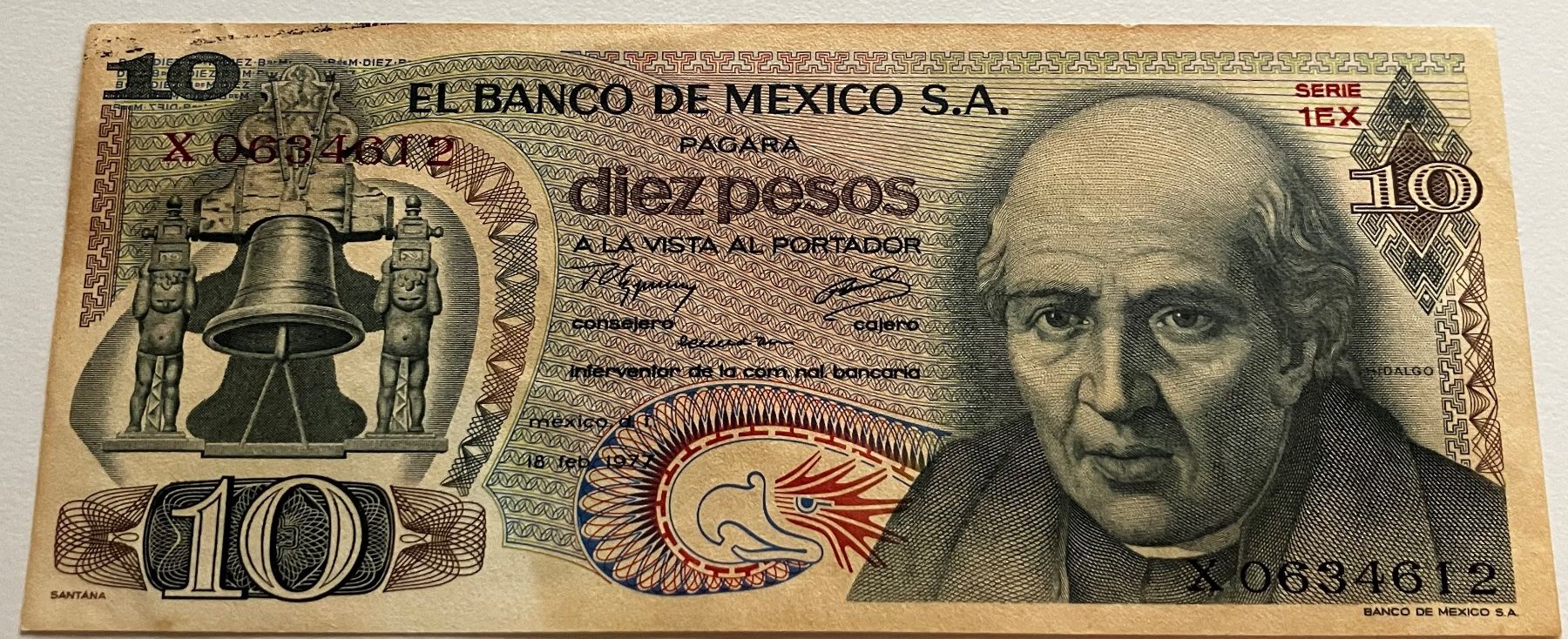 Banknoten: Mexiko 10 Pesos 1977 – Gebraucht aus Algetshausen von Carrhard