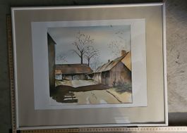 Aquarelle originale sur papier – Cour de ferme et bâtiments 