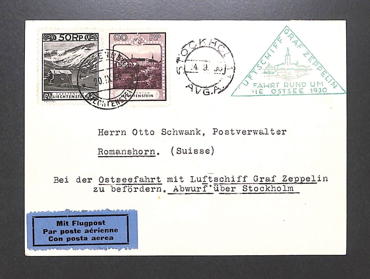 Tutti i francobolli: 1930 ZEPPELINPOST Liechtentstein GRAF ZEPPELIN OSTSEEFAHRT – Usato da Zürich venduto da Nobs1