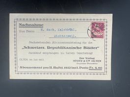 Nachnahme Karte Abo Schw.Republik.BlätterZeitung 1922 (V851)