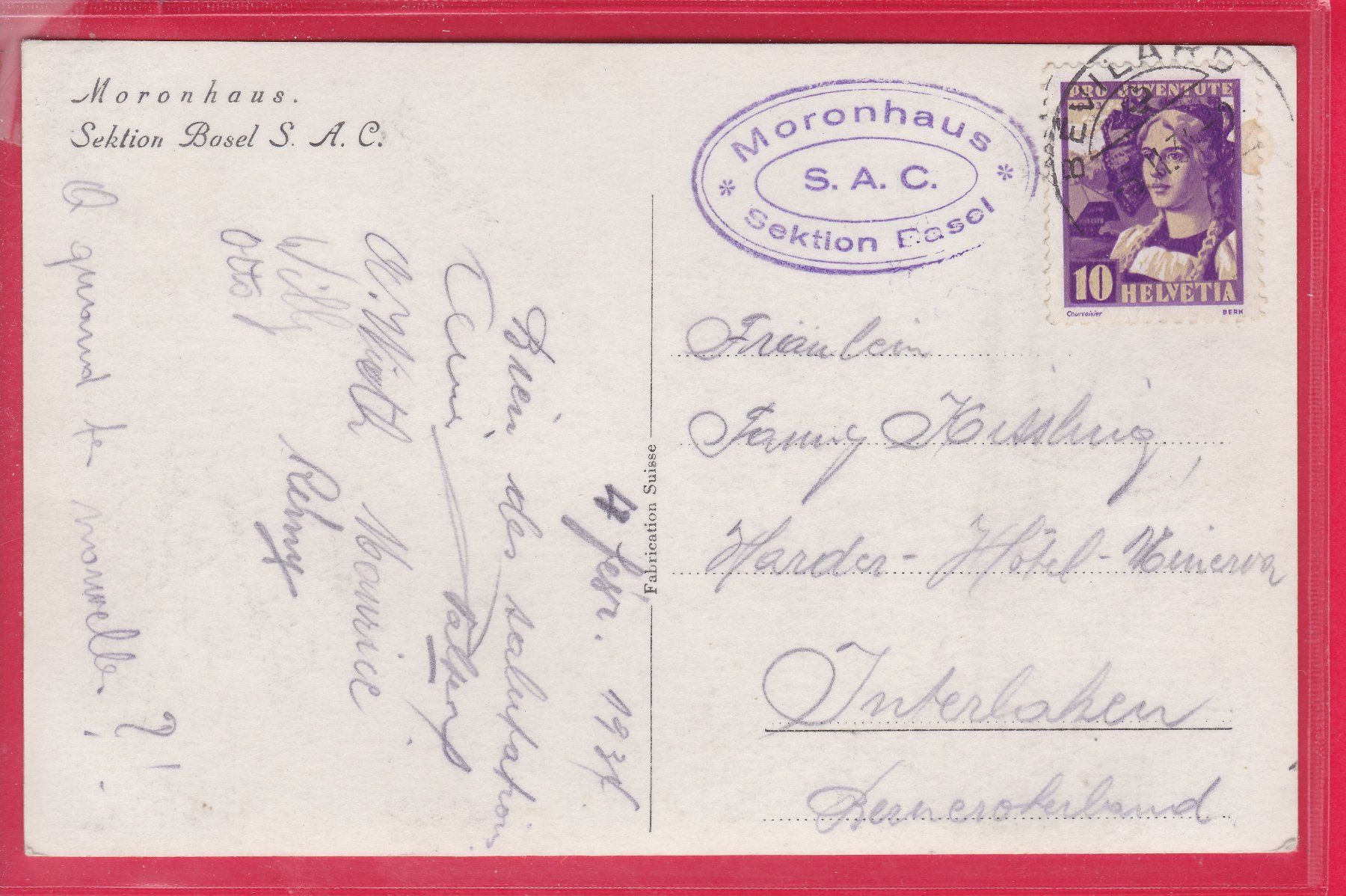 Cartoline postali: MORONHAUS SEKTION BASEL S.A.C., 6.2.1934 – Usato da Oberrieden venduto da Gebirgsstelze 1