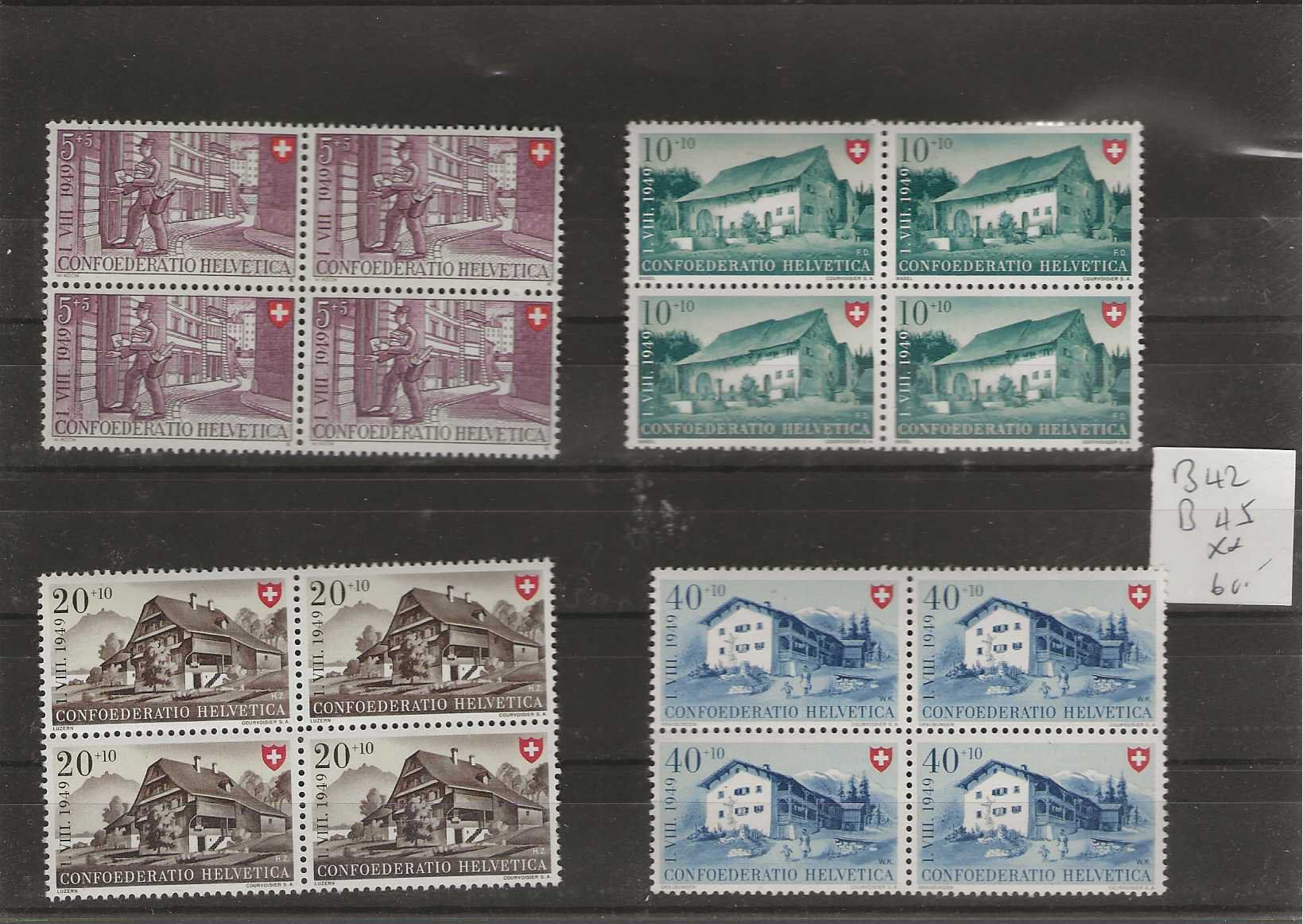 Tutti i francobolli: timbre Pro Patria 1949 B42 à B45 bloc de 4 ** – Usato da Sorvilier venduto da carose01