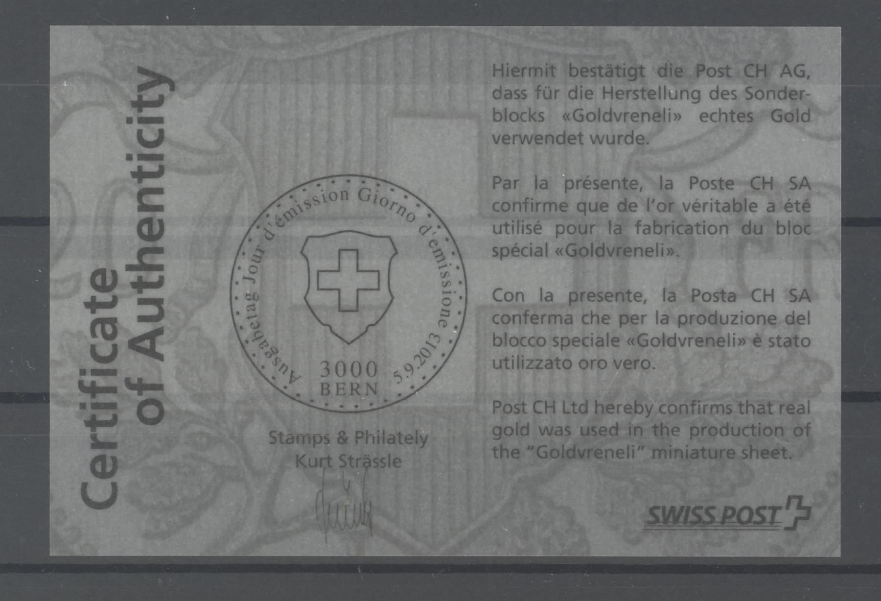 Tutti i francobolli: 2013, Sonderblock Goldvreneli ** – Usato da Willisau venduto da Vollstempel 2