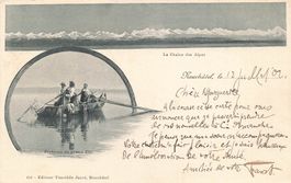 Neuenburg NE Fischer auf dem See und Alpenkette litho