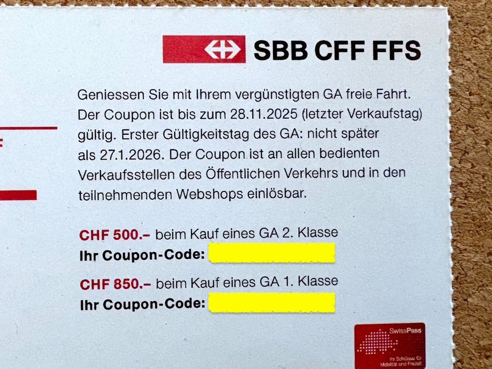SBB 1. Klasse GA CHF 850.- Travelcard 1st Class Coupon (Neu (gemäss ...