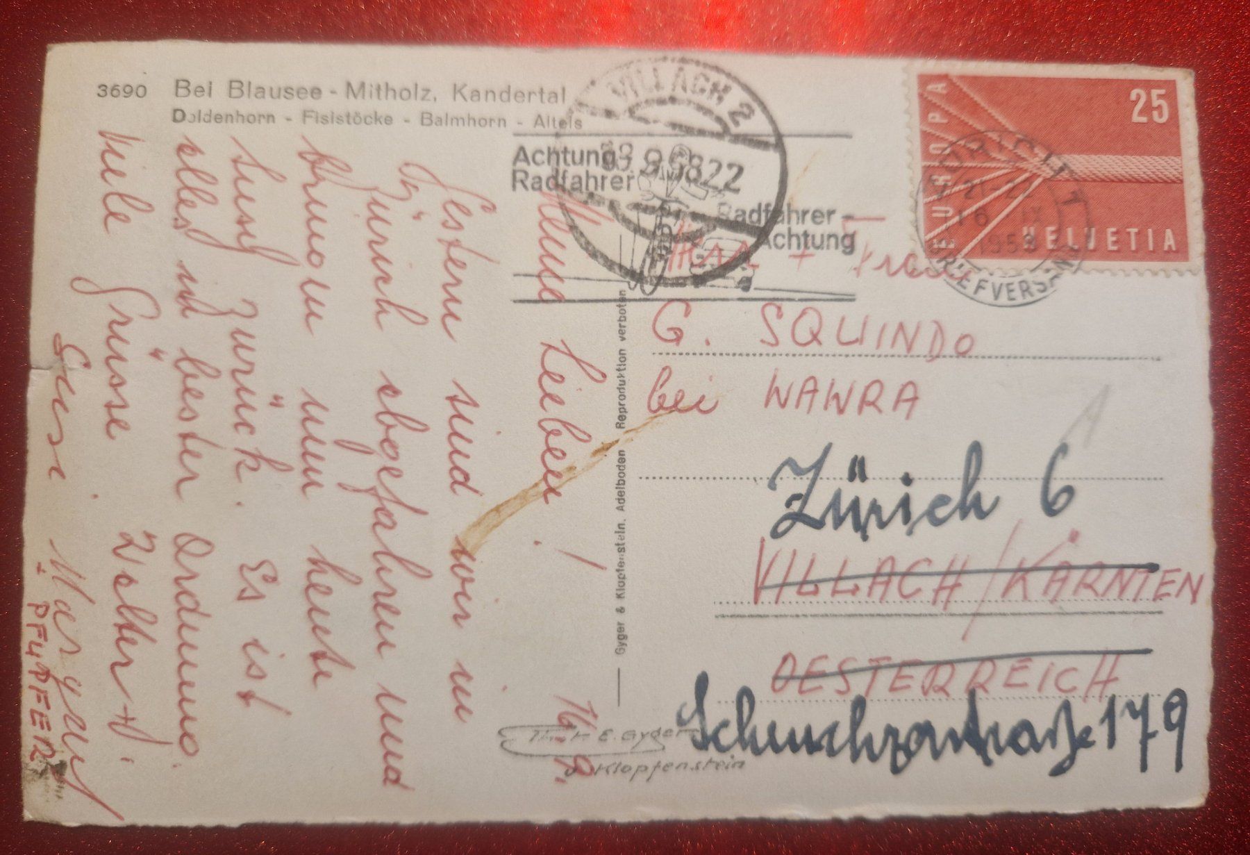 Cartoline postali: Mitholz - Kandersteg mit Doldenhorn 1958 – Usato da Melchnau venduto da Fishel 1