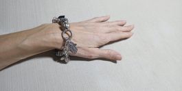 Bracelet cuir argenté brillants noirs main de fatima NEUF