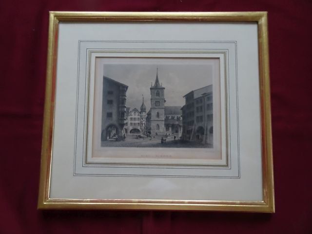 Incisioni: Stahlstich BIEL-BIENNE 34x30cm. Eckvergoldeter Rahmen – Usato da Berikon venduto da Kolophonium43