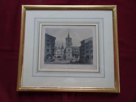 Stahlstich BIEL-BIENNE 34x30cm. Eckvergoldeter Rahmen