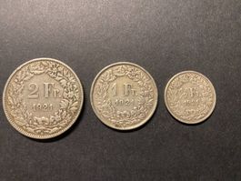 Monnaie / Suisse / 1921 : Frs 2.- + Frs 1.- + Frs 0,50