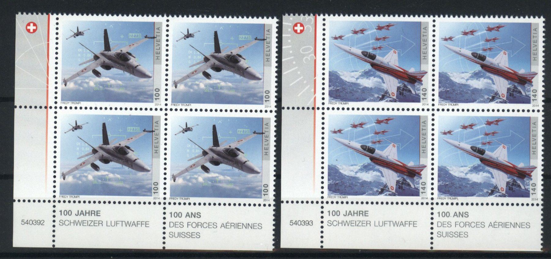 Alle Briefmarken: 2014, 100 Jahre Schweizer Luftwaffe, Viererblöcke ** – Gebraucht aus Willisau von Vollstempel