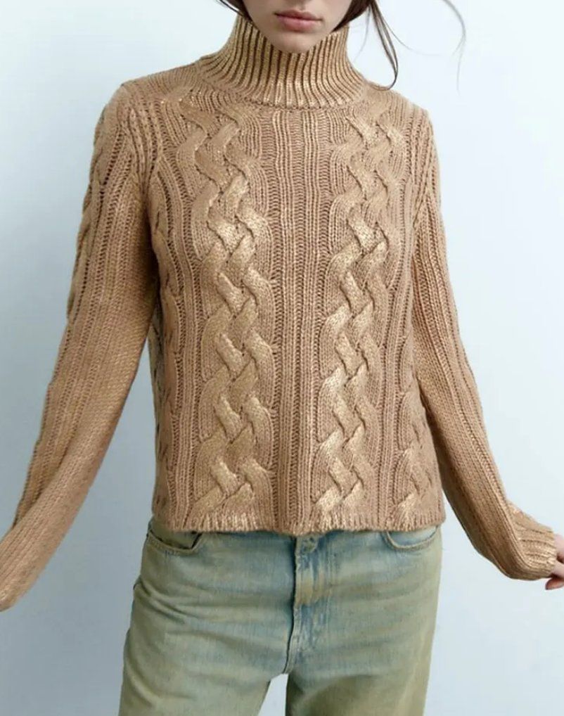 Maglioni & Felpe: Gold-Stehkragen-Pullover im Zopfstrick – Nuovo e nell'imballaggio originale da Zürich venduto da Naebeli